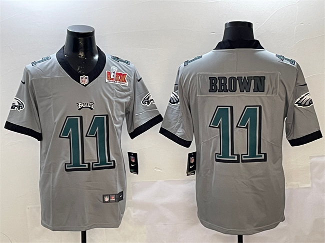 Men's Grey Philadelphia Eagles #11 A. J. Brown 2025 Super Bowl LIX Patch Vapor Untouchable Limited Stitched Football Jersey